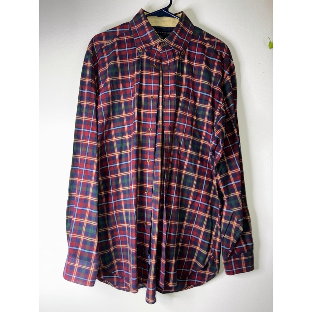 Vintage Tommy Hilfiger Mens [M] Long Sleeve Plaid Shirt Suede Collar Red Blue